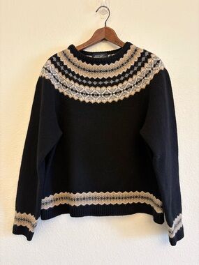 Eddie Bauer 100% Lambswool Fair Isle Nordic Sweater Black Size Large